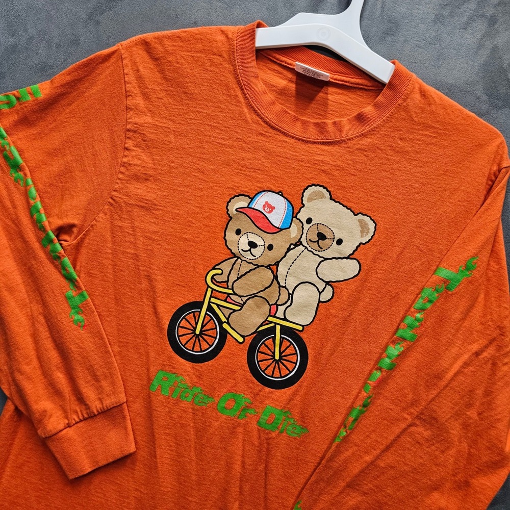 Teddy Fresh Orange Ride Or Die Bear Graphic Long Sleeve T-Shirt Mens Size M